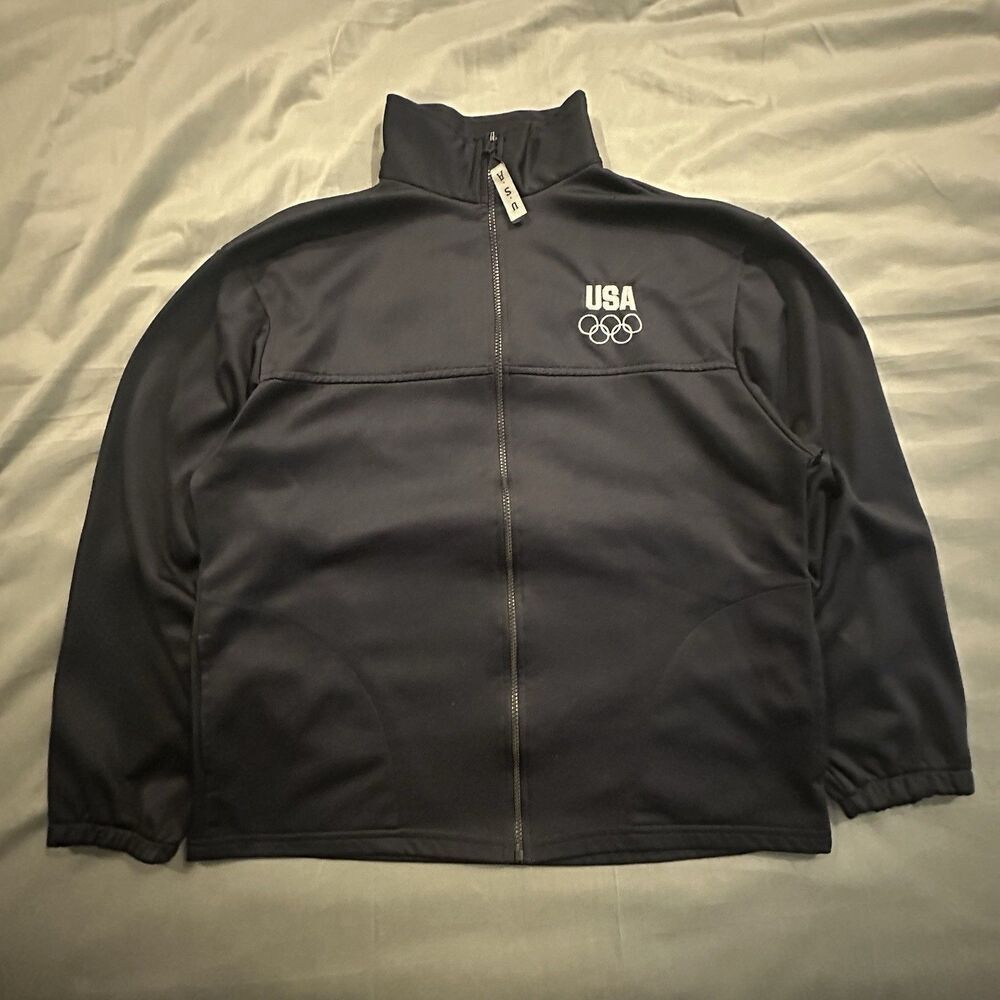 Vintage 90s Olympics Jacket Mens L Full Zip Made In USA Navy Blue Sweatshirt